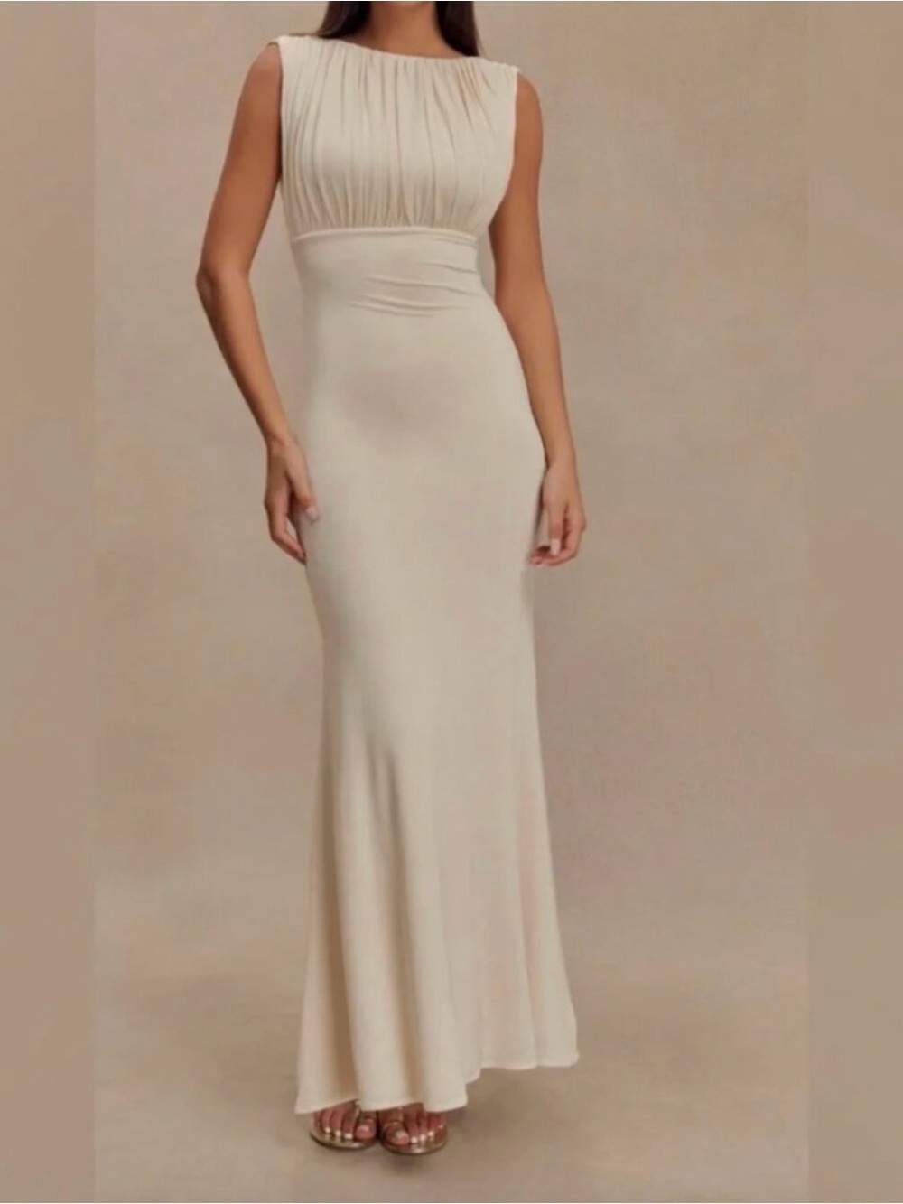 NWT! Meshki Malia Slinky Ivory Ruched Maxi Dress